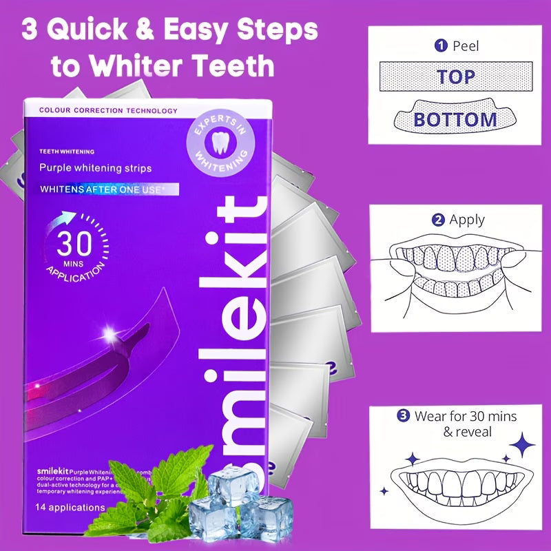 Transform Your Smile with SMILE.KIT Enamel-Safe Purple Teeth Whitening Strips - 7 or 21 Sessions of Gentle, Peroxide-Free Whitening